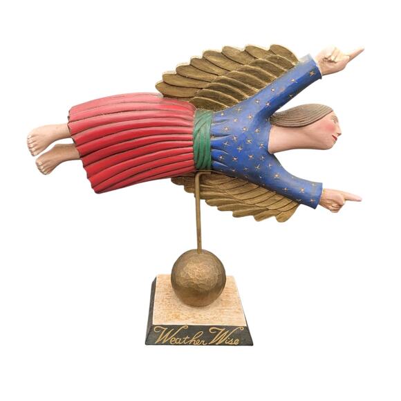 Weathervane Weather Wise Angel Sculpture Folk Art Hand-Painted Signed Leo Smith - Picture 1 of 12